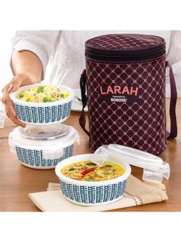 Larah by Borosil - 400ML maroon Opalware Round Lunch Box with Lunch Bag