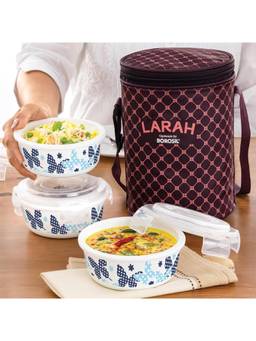 Larah by Borosil - 400ML maroon Opalware Round Lunch Box with Lunch Bag