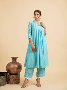JS Label  - JS LABEL Blue Aari Embroidered Anarkali Kurta with Pant (Set of 2)