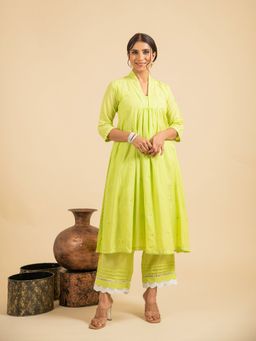 JS Label  - JS LABEL Green Aari Embroidered Anarkali Kurta with Pant (Set of 2)