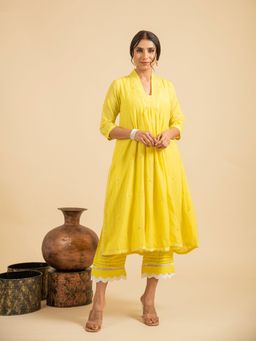 JS Label  - JS LABEL Yellow Aari Embroidered Anarkali Kurta with Pant (Set of 2)