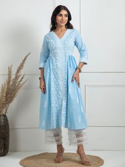 JS Label  - JS LABEL Blue Hand Block Printed Cotton Kurta
