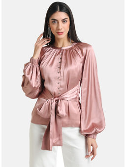 Kazo - Pink Satin Tie-knot Top With Puff Sleeves