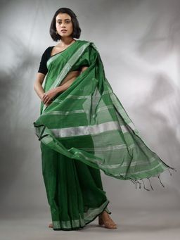 CHARUKRITI - Green Cotton Silk Handwoven Saree with Zari Woven Stripes Pallu & Unstitched Blouse