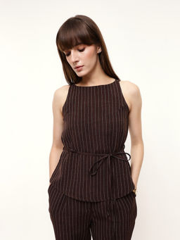 Dennis Lingo - Brown Polyester Boat Neck Sleeveless Stripes Top