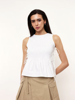 Dennis Lingo - White Cotton Round Neck Sleeveless Textured Top
