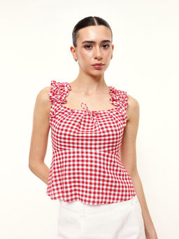 Dennis Lingo - Red Cotton Square Neck Cap Sleeves Checks Top