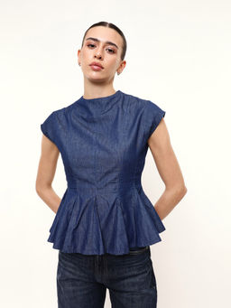 Dennis Lingo - Blue Polyester High Neck Cap Sleeves Sleeve Solid Top