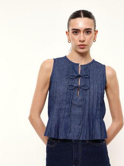 Dennis Lingo - Blue Cotton Round Neck Sleeveless Self Design Top