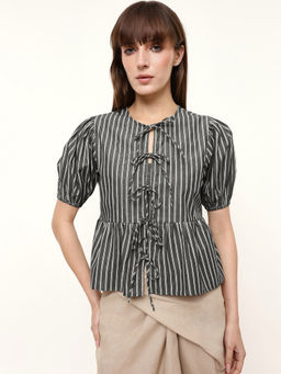 Dennis Lingo - Black Cotton Round Neck Puff Sleeves Stripes Top