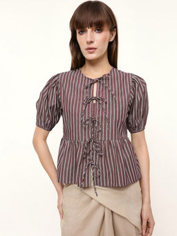 Dennis Lingo - Brown Cotton Round Neck Puff Sleeves Stripes Top