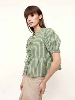 Dennis Lingo - Green Cotton Round Neck Puff Sleeves Stripes Top