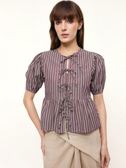 Dennis Lingo - Purple Cotton Round Neck Puff Sleeves Stripes Top