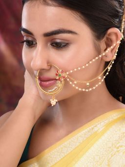 Saraf RS Jewellery - Gold Plated Red And White Pearl Beaded And Studded Bridal Nose Ring