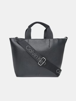 Calvin Klein - Solid Black Polyurethane Tote Bag with Detachable Strap
