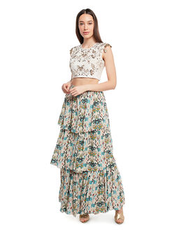 Payal Singhal - White Velvet Choli with White Printed Georgette Layered Sharara (Set of 2)