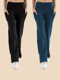 Nite Flite - Women Solid Black and Teal Yoga Trackpants (Pack of 2)