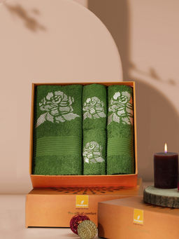 Maspar - Green Cotton Embroidery Bath & Hand Towel Set (M)