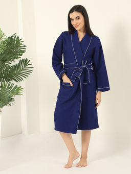 MULBERRY LIVING - Unisex Navy Blue Waffle Cotton Bath Robe