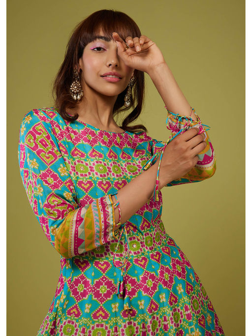 Buy KALKI FASHION Turq Blue Flared Anarkali Gown in Silk Multi Color Print Online Buy KALKI FASHION Turq Blue Flared Anarkali Gown in Silk Multi Color Print Online