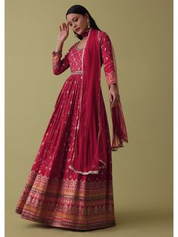 KALKI FASHION - Cherry Red Anarkali Suit in Silk with Bandhani Print & Brocade Weave (Set of 3)
