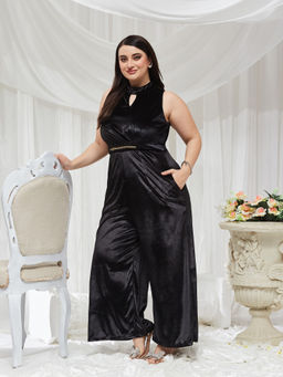 Miss Chase - Women Black Solid/Plain Velvet Jumpsuit
