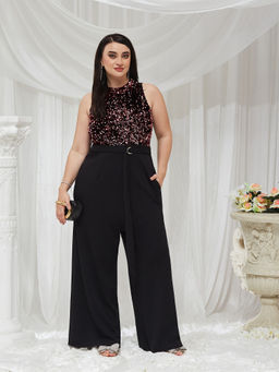 Miss Chase - Women Black Embellished/Sequined Polyester Jumpsuit