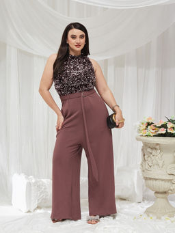Miss Chase - Women Mauve Embellished/Sequined Polyester Jumpsuit