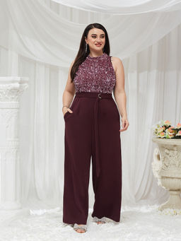 Miss Chase - Women Purple Embellished/Sequined Polyester Jumpsuit