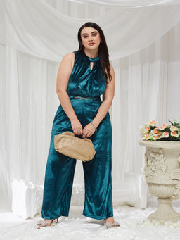Miss Chase - Women Teal Solid/Plain Velvet Jumpsuit