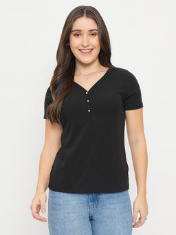 Madame - Women Black Solid/Plain Polyester T-Shirt