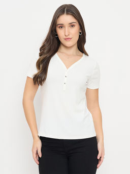 Madame - Women White Solid/Plain Polyester T-Shirt