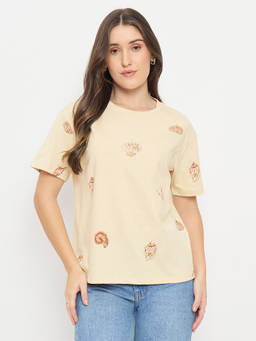 Madame - Women Beige Printed Cotton T-Shirt