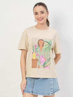Madame - Women Beige Graphic Cotton T-Shirt