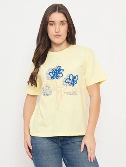 Madame - Women Yellow Embroidered Cotton T-Shirt
