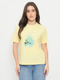 Madame - Women Yellow Printed Cotton T-Shirt