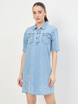 Madame - Women Blue Embroidered Cotton Dress