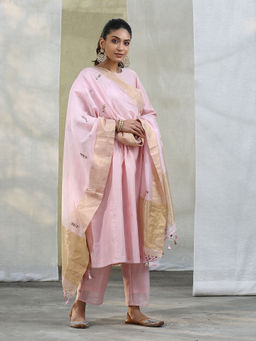 WeaverStory - Handloom Baby Pink Chanderi Silk Suit with Hand Embroidery Dupatta (Set of 3)