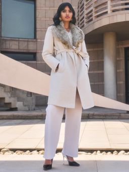 CRIMSOUNE CLUB - Womens Beige Faux Fur Detailed Wrap Coat (Set of 2)