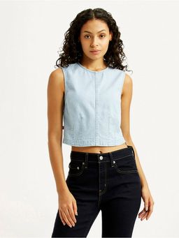 Levi's - Womens Solid Light-Blue Round Neck Crop Top