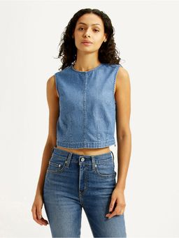Levi's - Womens Solid Blue Round Neck Crop Top