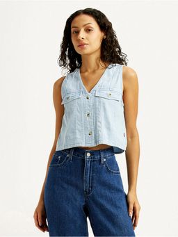 Levi's - Womens Solid Light-Blue V Neck Crop Top