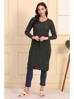 Aurelia - Women’s Self Design Straight Grey Winter Kurta with Waist Belt