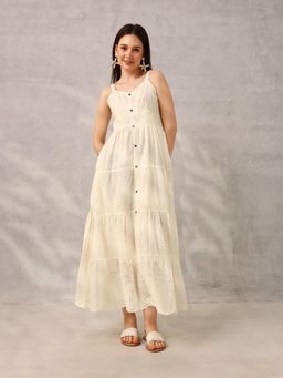 ISHIN - Off White Smart Casual Schiffli Maxi Dress