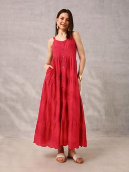 ISHIN - Pink Smart Casual Schiffli Maxi Dress