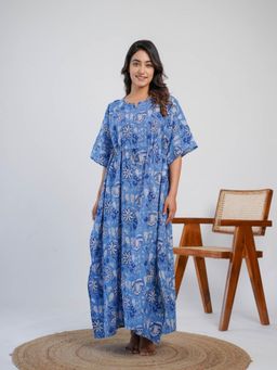 GOODHAND - Blue Cotton Block Printed Kaftan Dress for Women