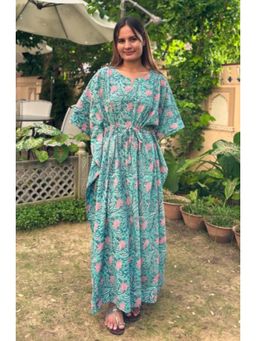 GOODHAND - Green Cotton Block Printed Kaftan Dress for Women