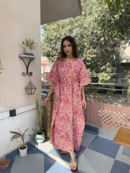 GOODHAND - Pink Cotton Block Printed Kaftan Dress for Women
