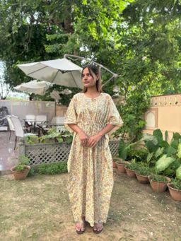 GOODHAND - Yellow Cotton Block Printed Kaftan Dress for Women