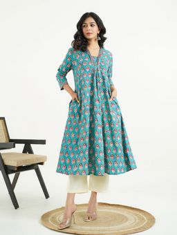 GOODHAND - Pure Cotton Woven Floral Printed Gathered Kurta for Women - Turquoise